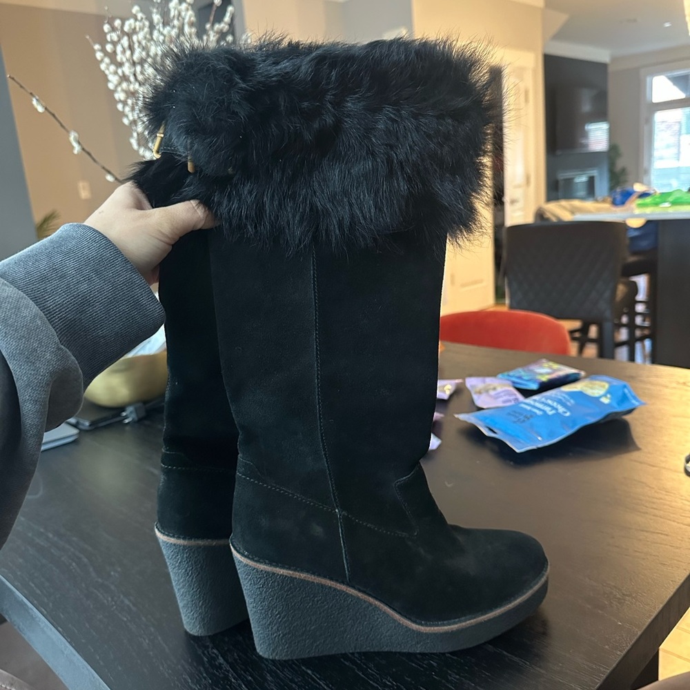 UGG Black Suede Wedge Boots with Fur Trim
